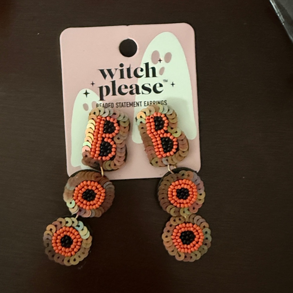 Beaded BOO Halloween Statement Earrings with Orange Iridescent and Black Sequins